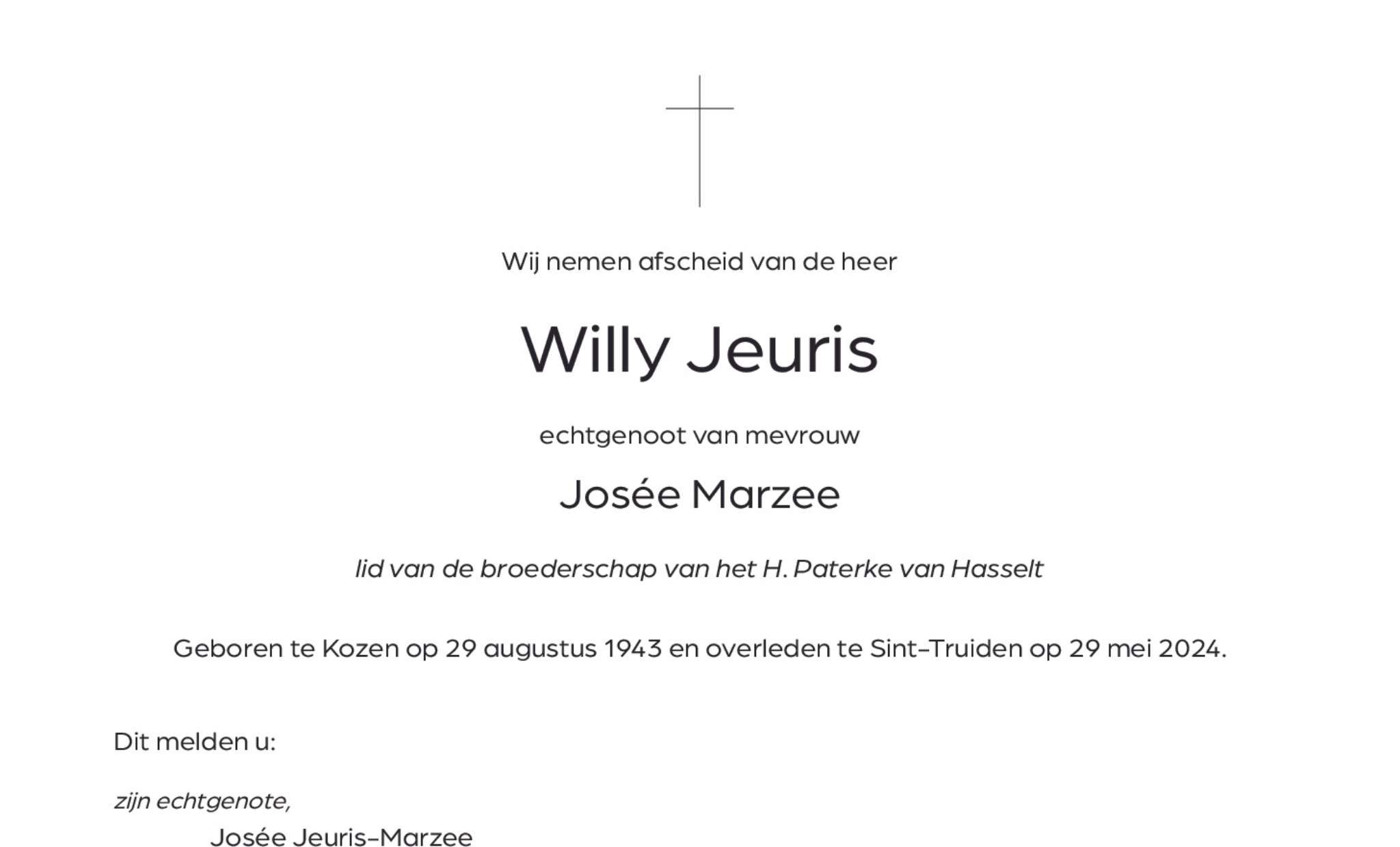 Overlijdensbericht van Willy Jeuris