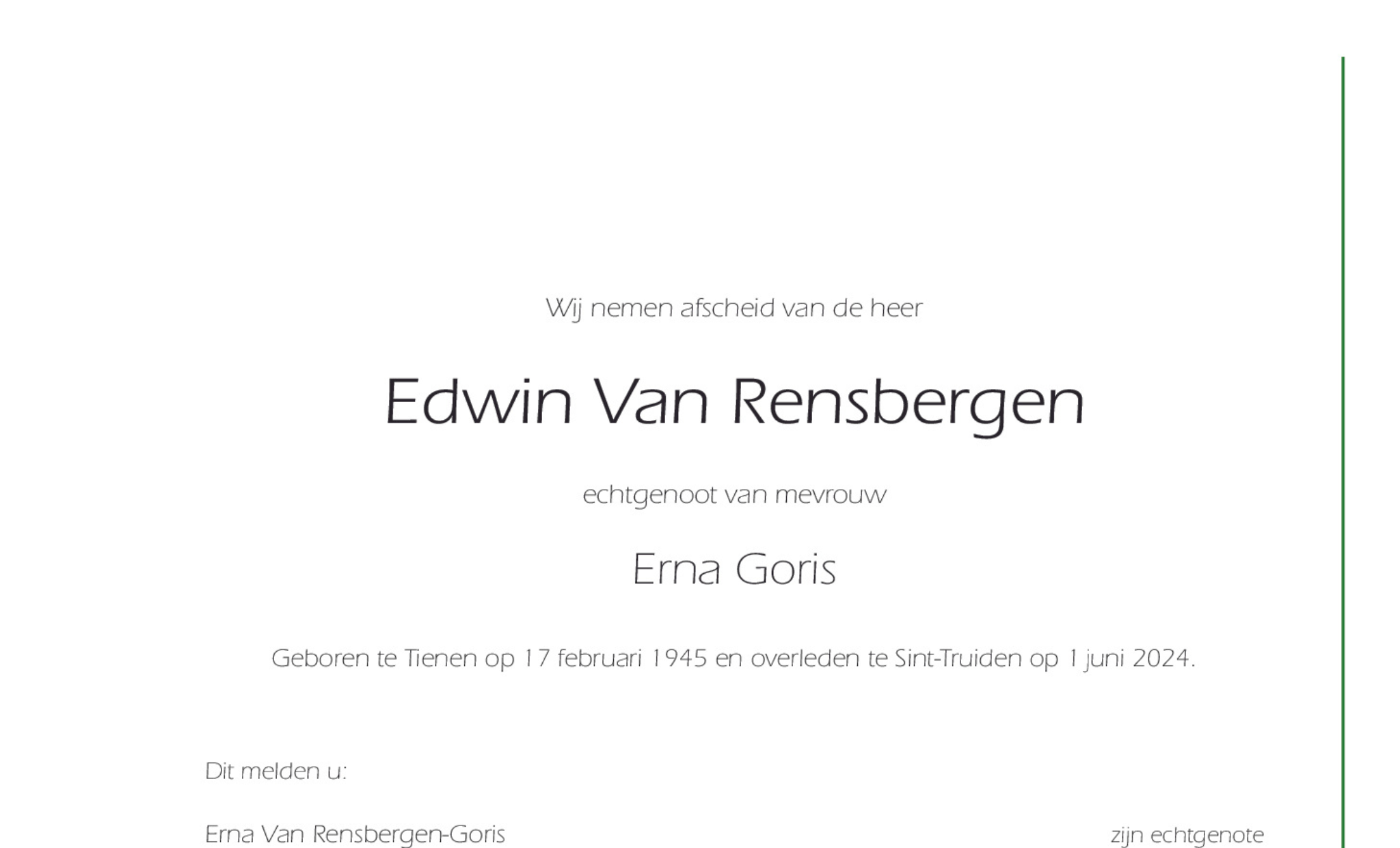 Overlijdensbericht van Edwin Van Rensbergen