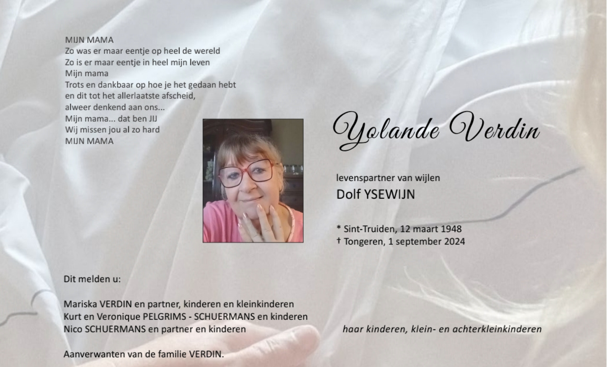 Overlijdensbericht van Yolande Verdin