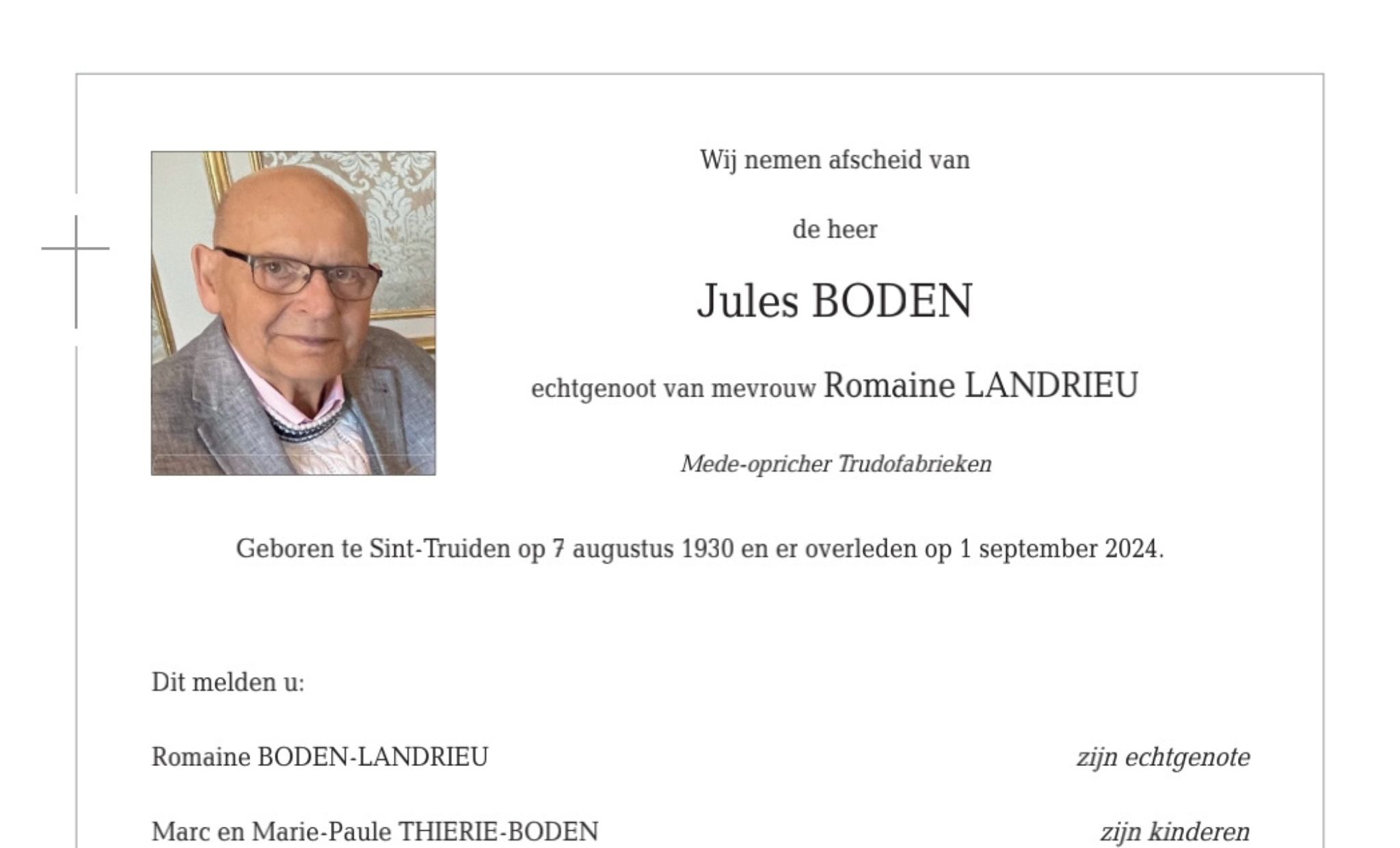 Overlijdensbericht van Jules BODEN