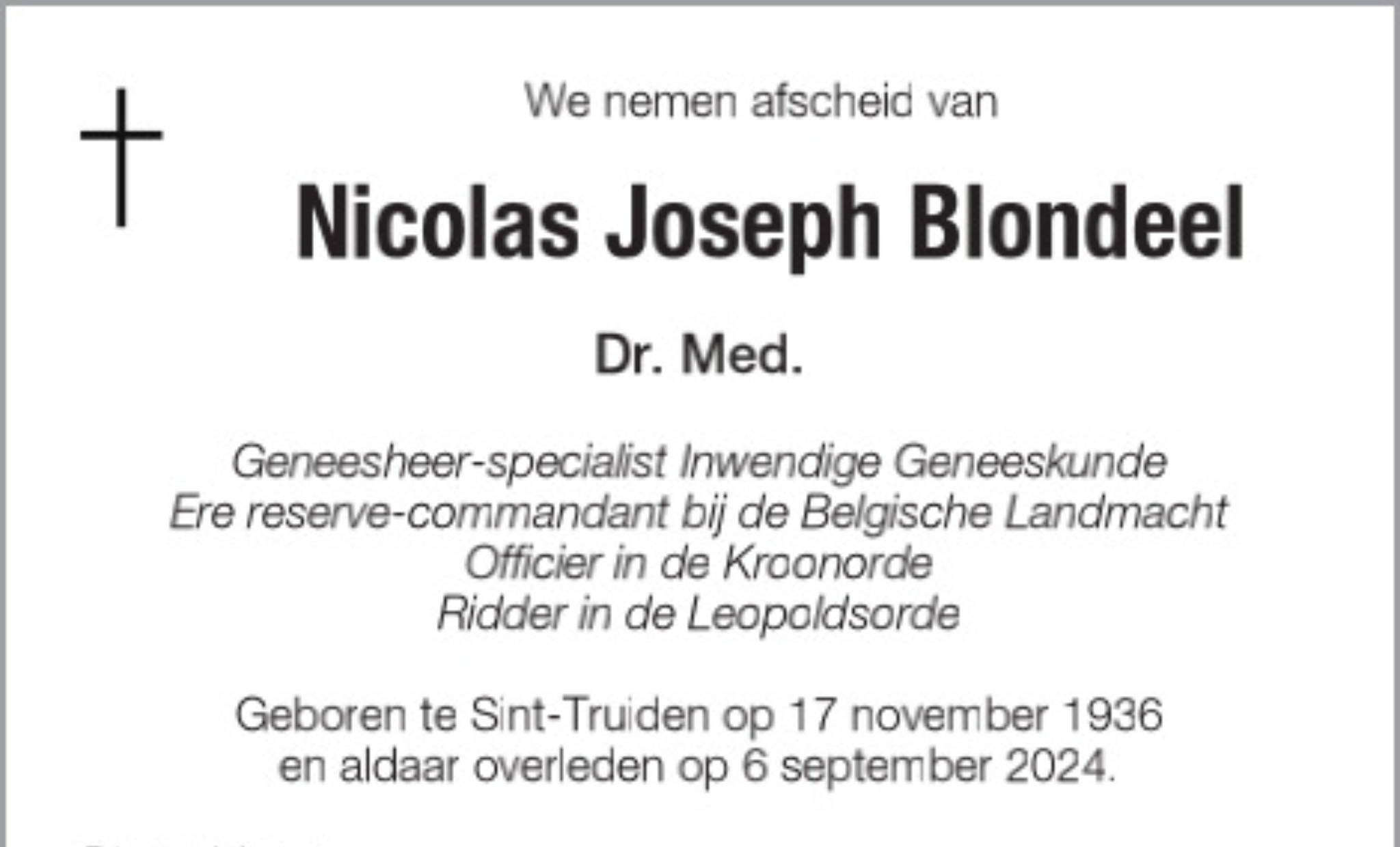 Overlijdensbericht van Nicolas Joseph Blondeel