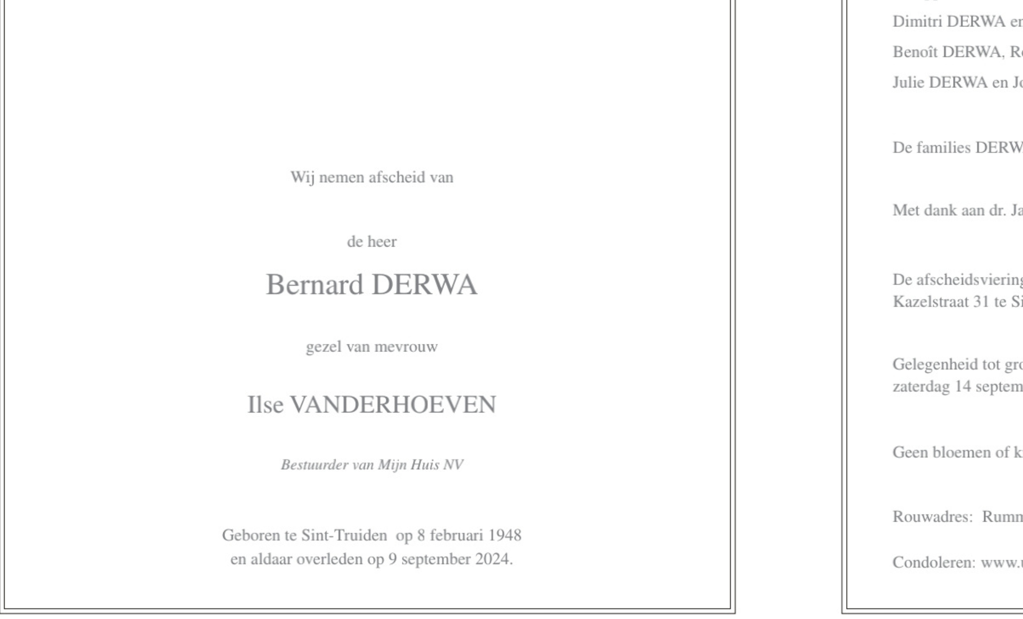 Overlijdensbericht van Bernard DERWA