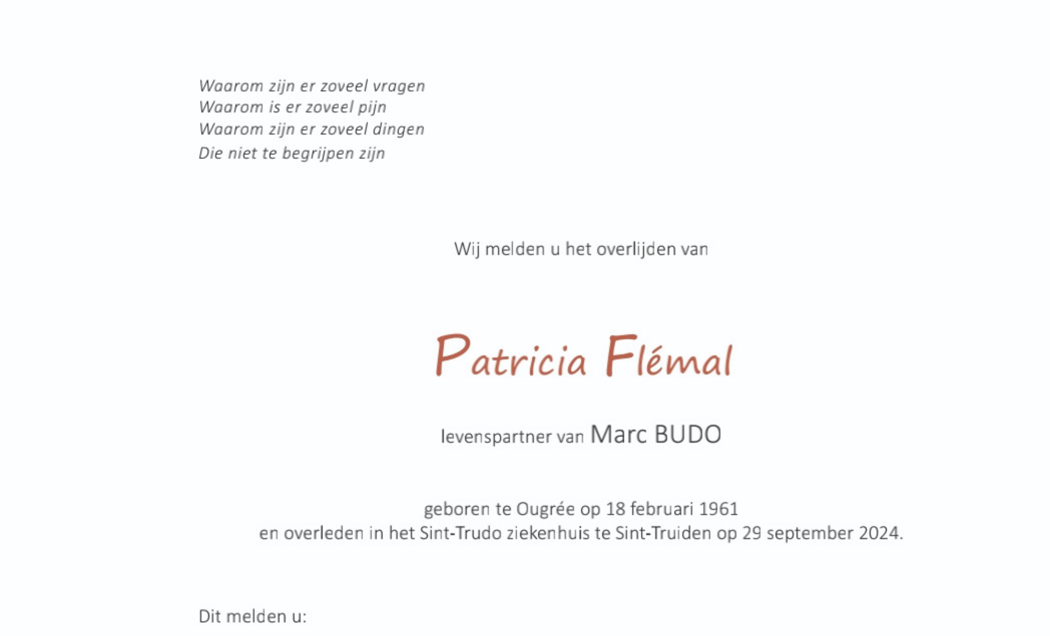 Overlijdensbericht van Patricia Flémal