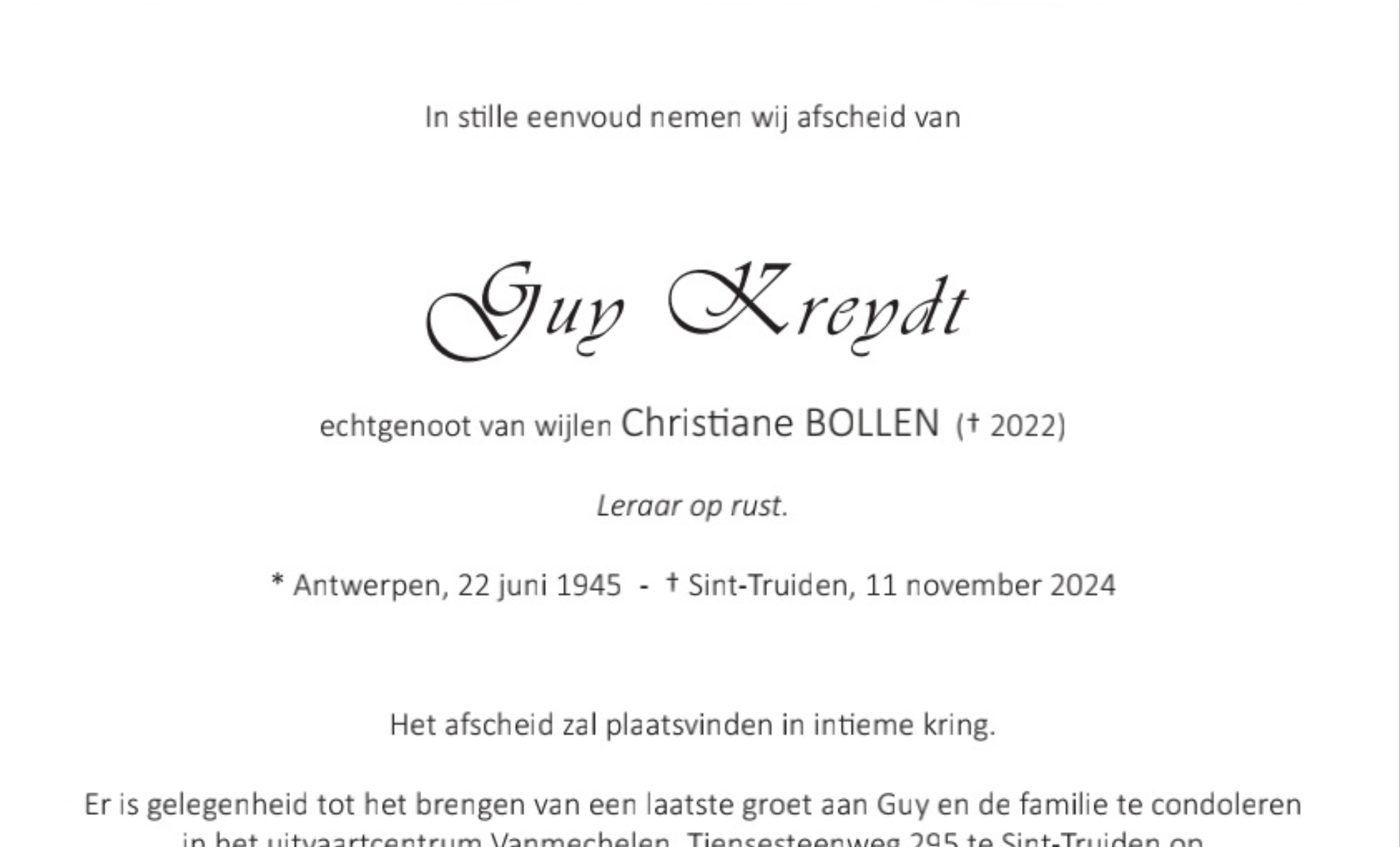 Overlijdensbericht van Guy Kreydt