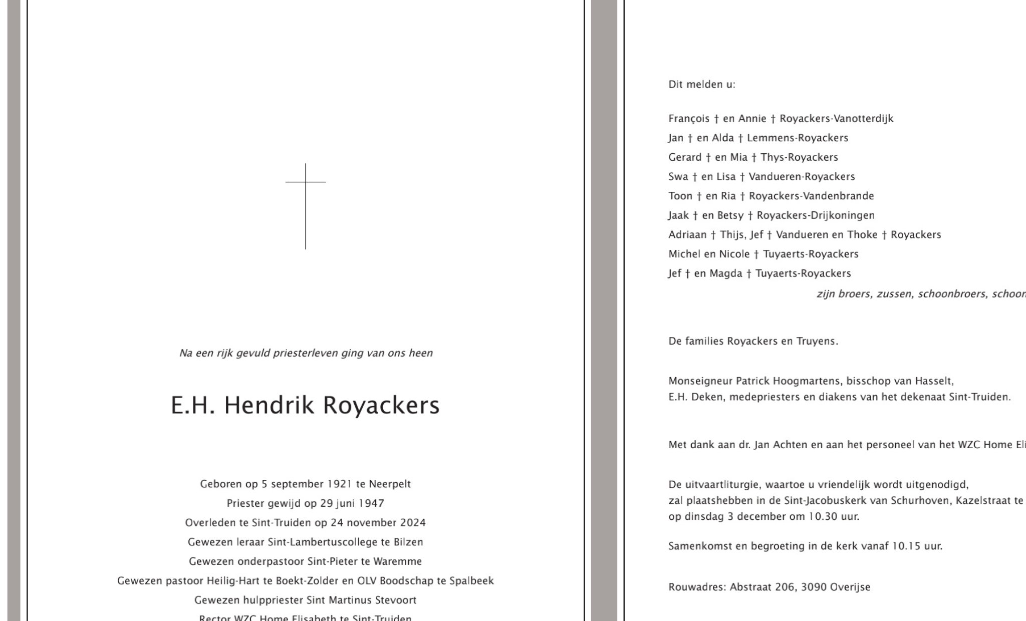 Overlijdensbericht van E.H. Hendrik Royackers