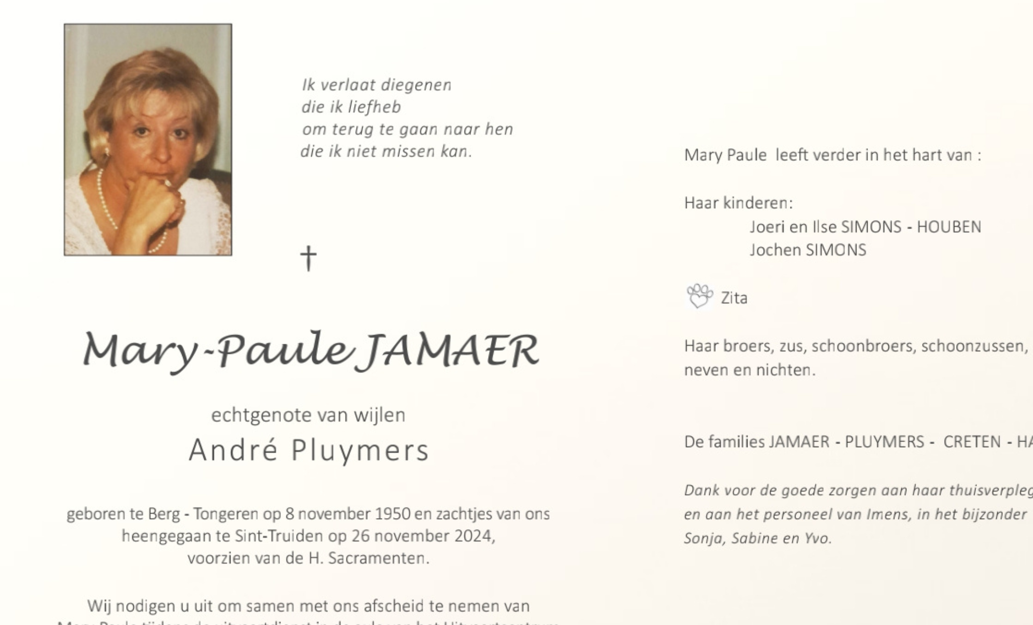 Overlijdensbericht van  Mary-Paule JAMAER