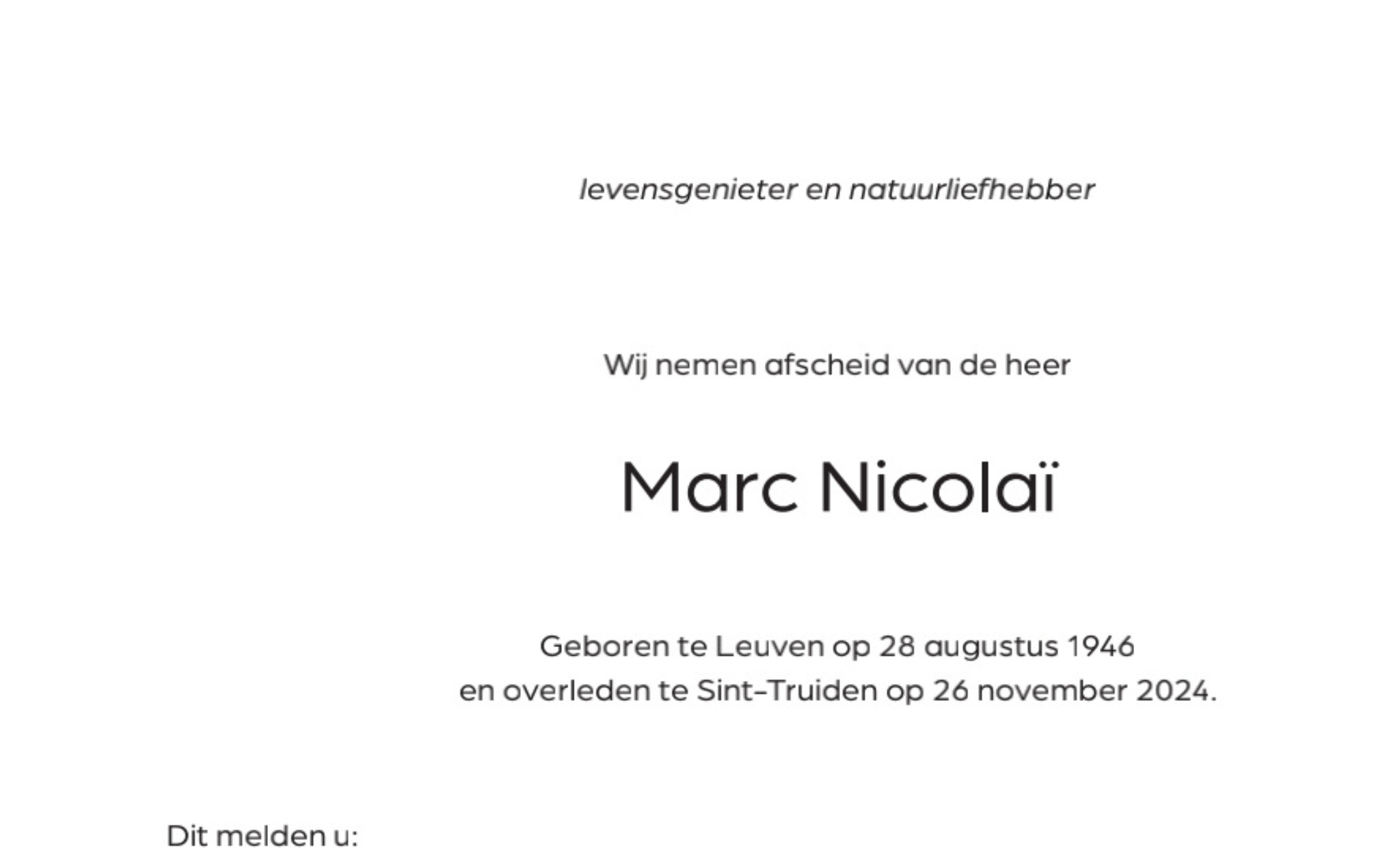 Overlijdensbericht van Marc Nicolaï