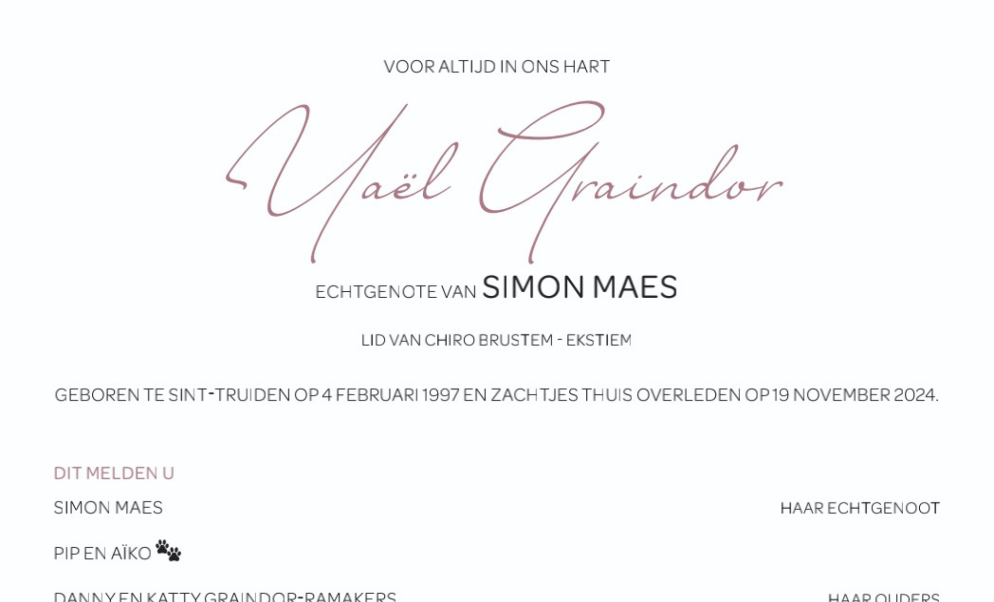 Overlijdensbericht van Yaël Graindor