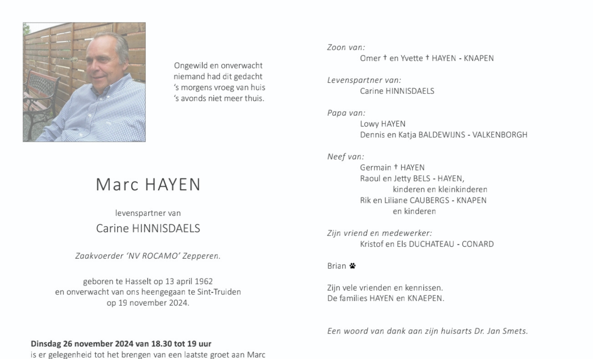 Overlijdensbericht van Marc HAYEN