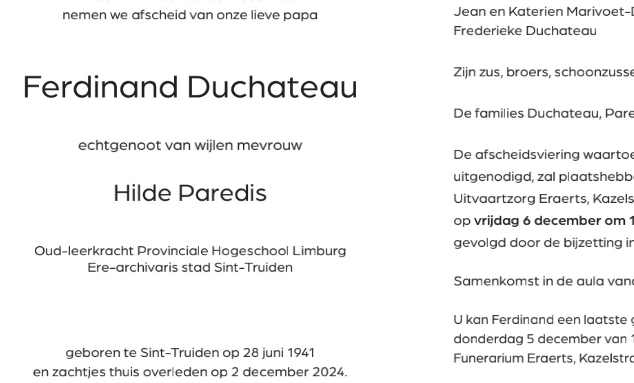 Overlijdensbericht van Ferdinand Duchateau