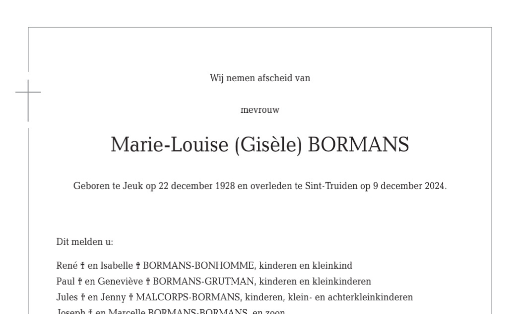 Overlijdensbericht van Marie-Louise (Gisèle) BORMANS