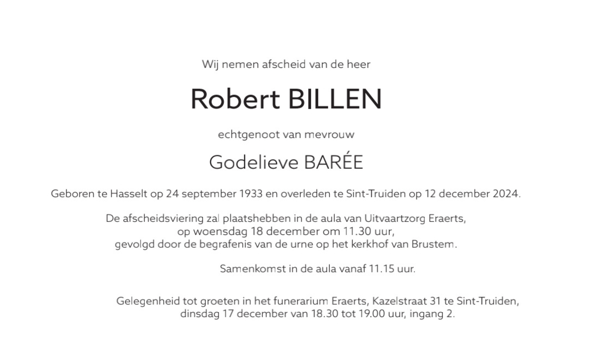 Overlijdensbericht van Robert BILLEN