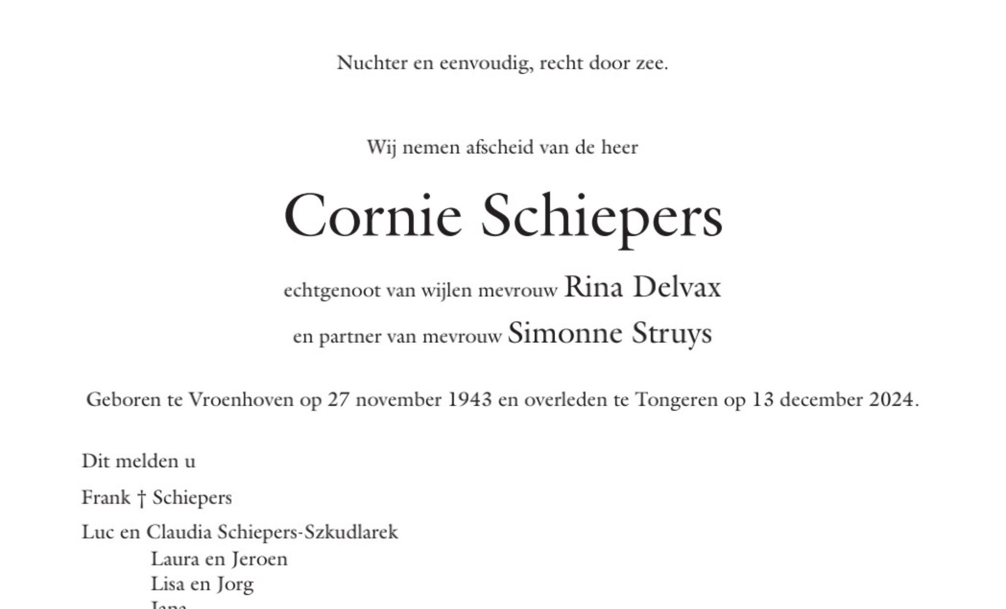 Overlijdensbericht van Cornie Schiepers