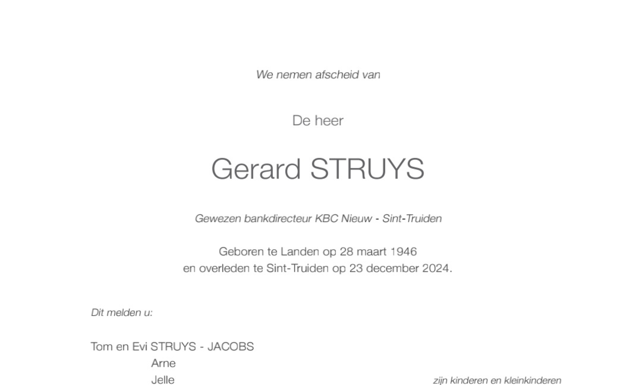 Overlijdensbericht van Gerard STRUYS