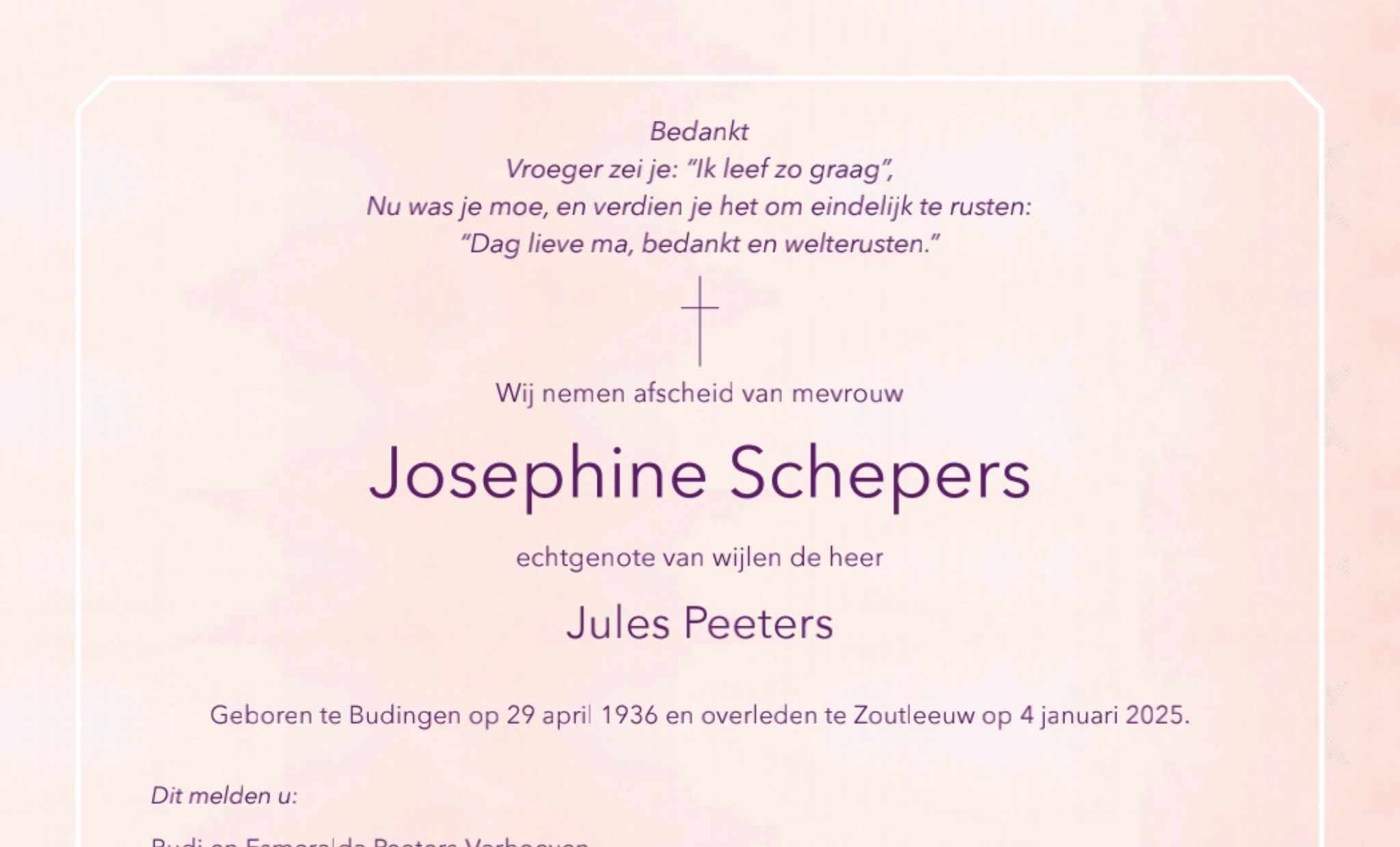 Overlijdensbericht van Josephine Schepers