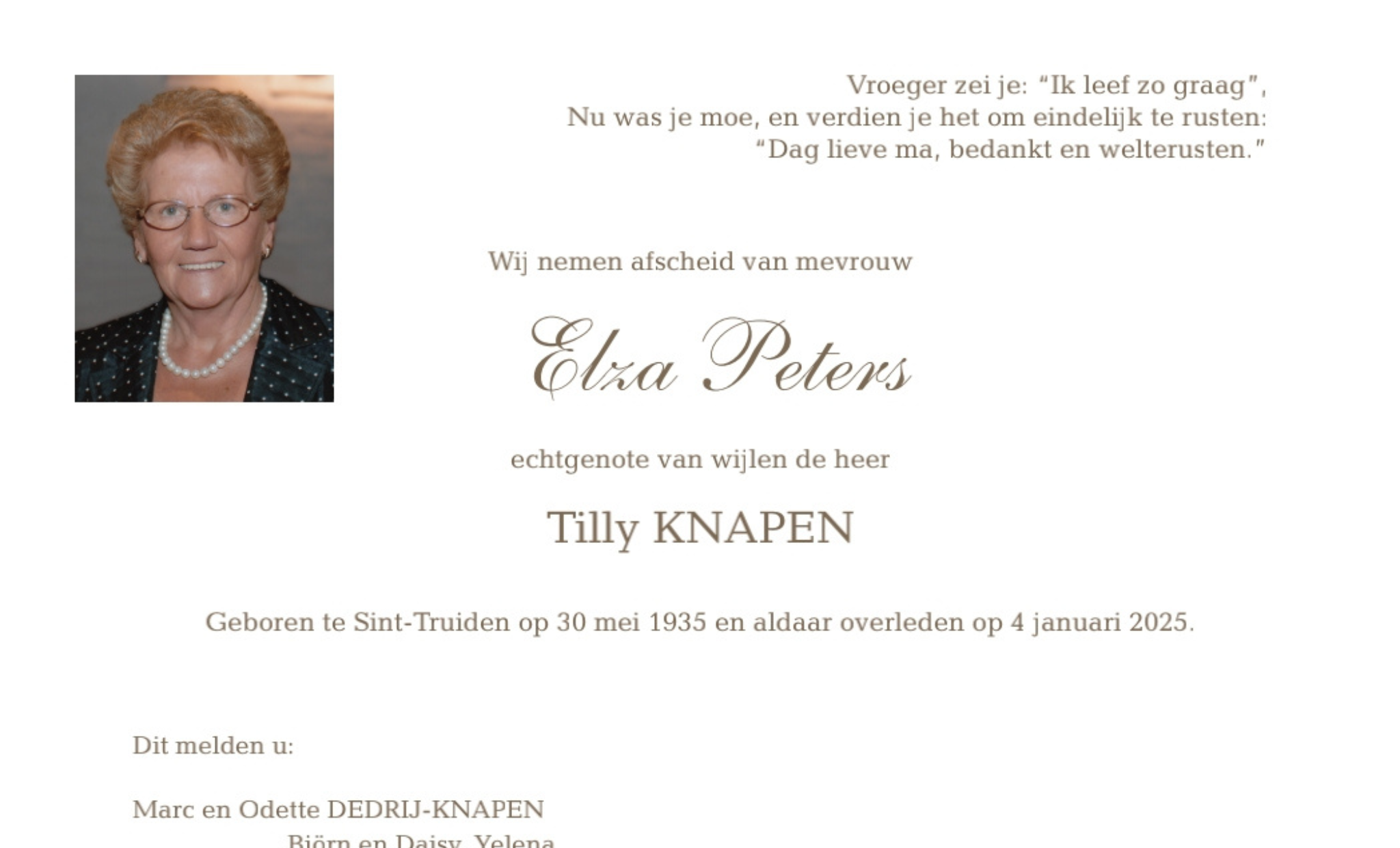 Overlijdensbericht van Elza Peters