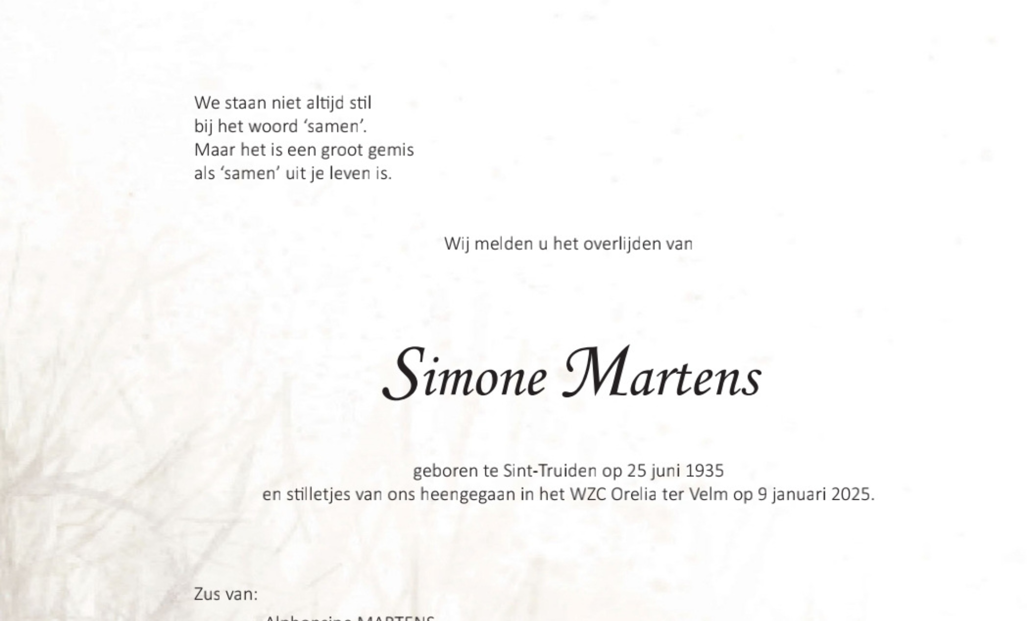 Overlijdensbericht van Simone Martens