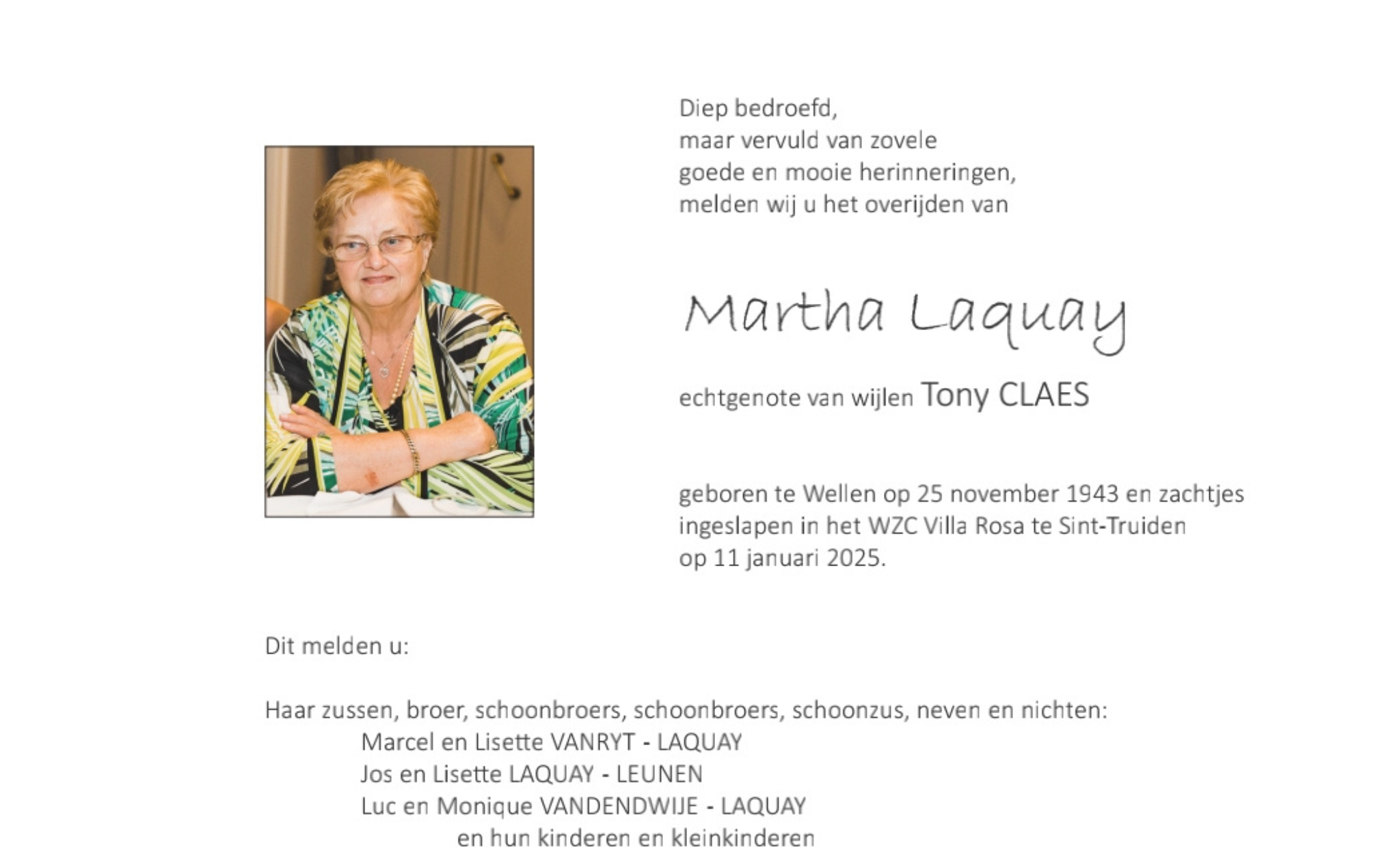 Overlijdensbericht van Martha Laquay