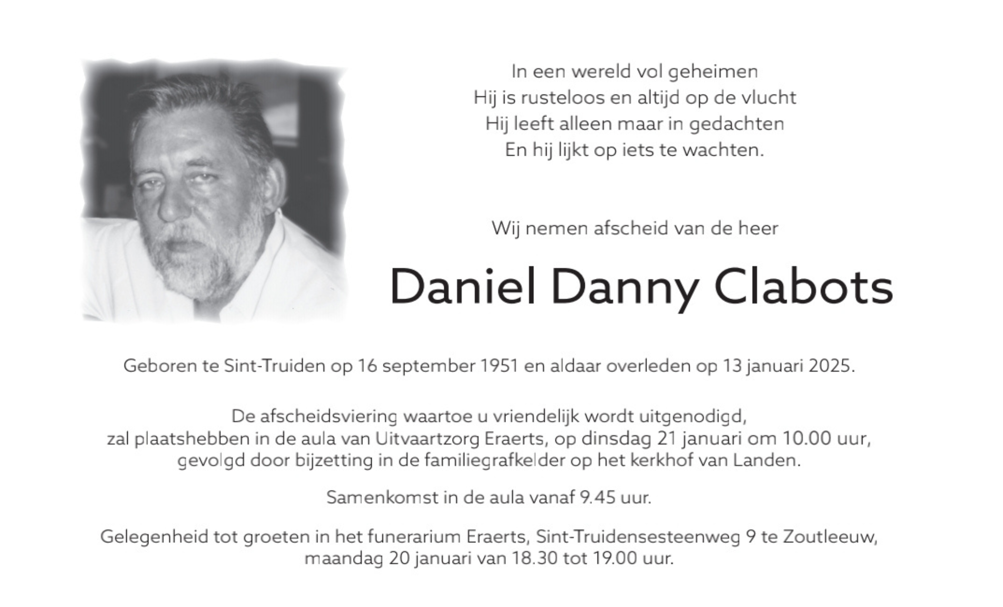 Overlijdensbericht van Daniel Danny Clabots