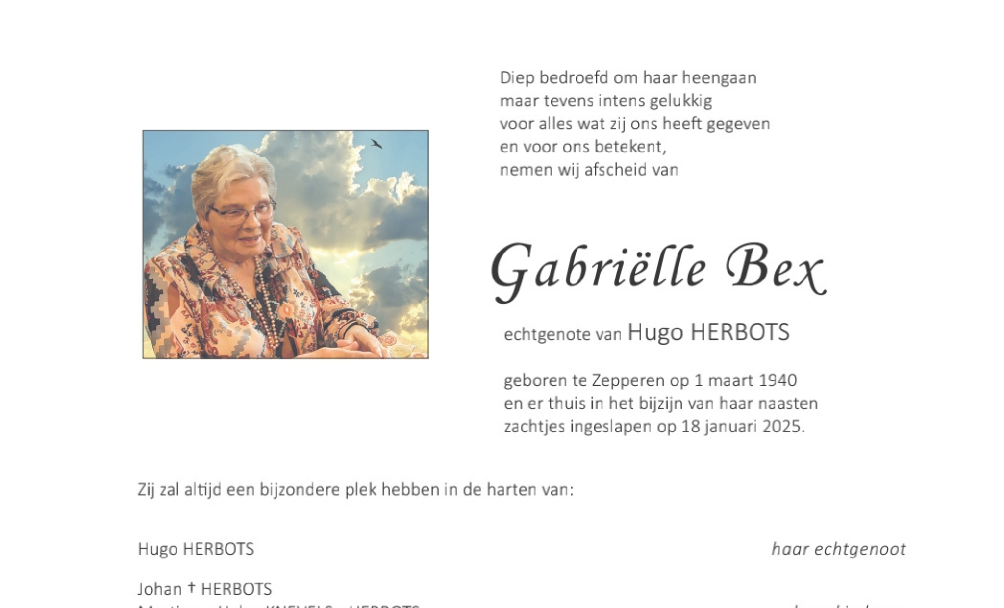 Overlijdensbericht van Gabriëlle Bex