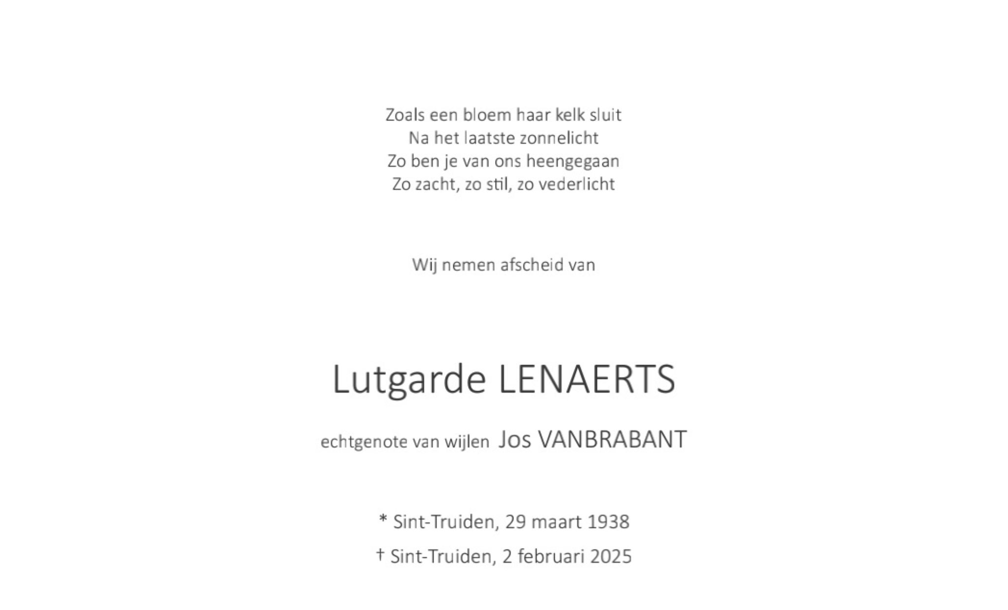 Overlijdensbericht van Lutgarde LENAERTS