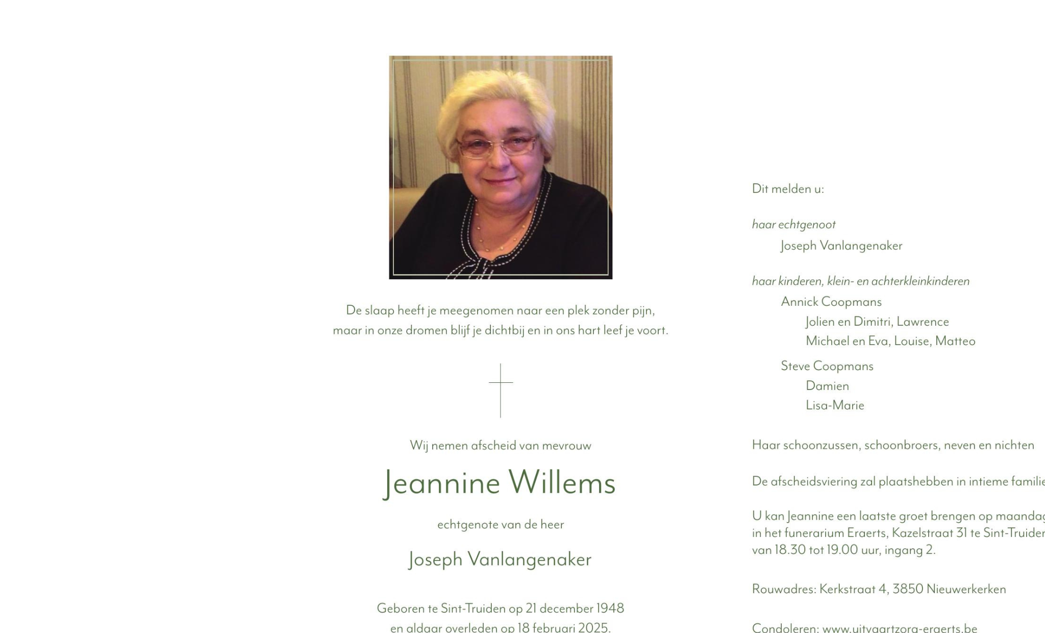 Overlijdensbericht van Jeannine Willems