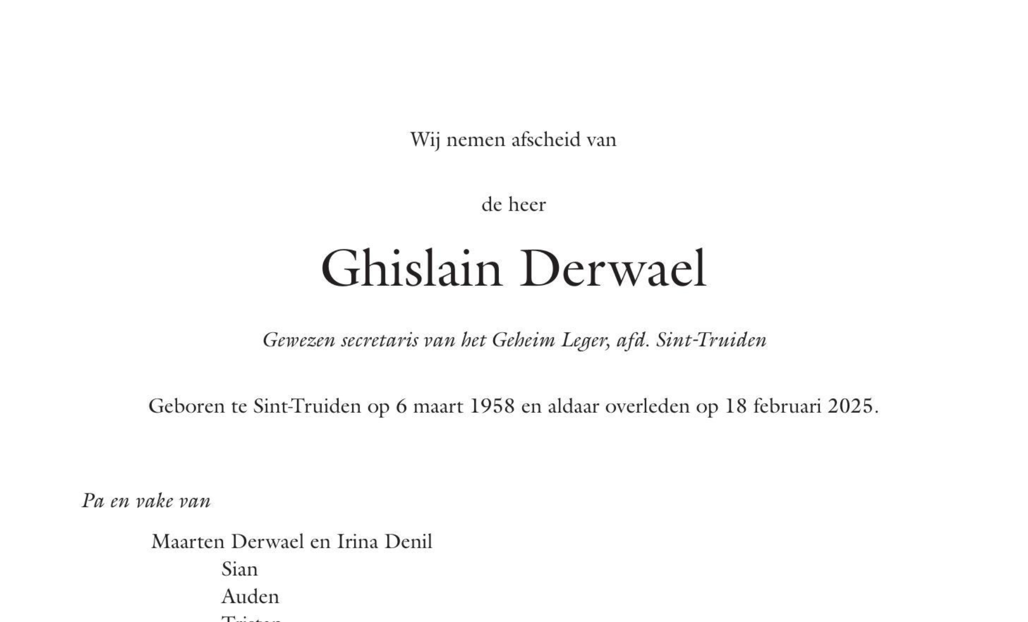 Overlijdensbericht van Ghislain Derwael