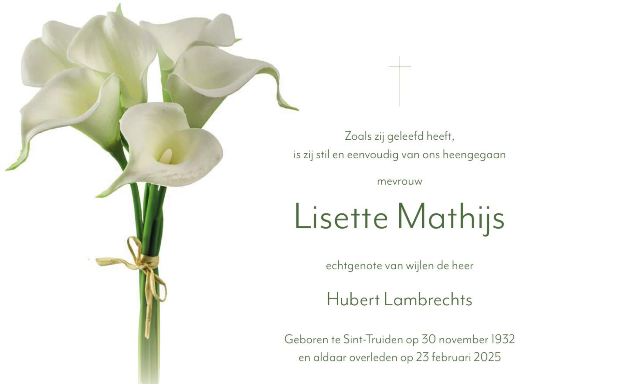 Overlijdensbericht van Lisette Mathijs