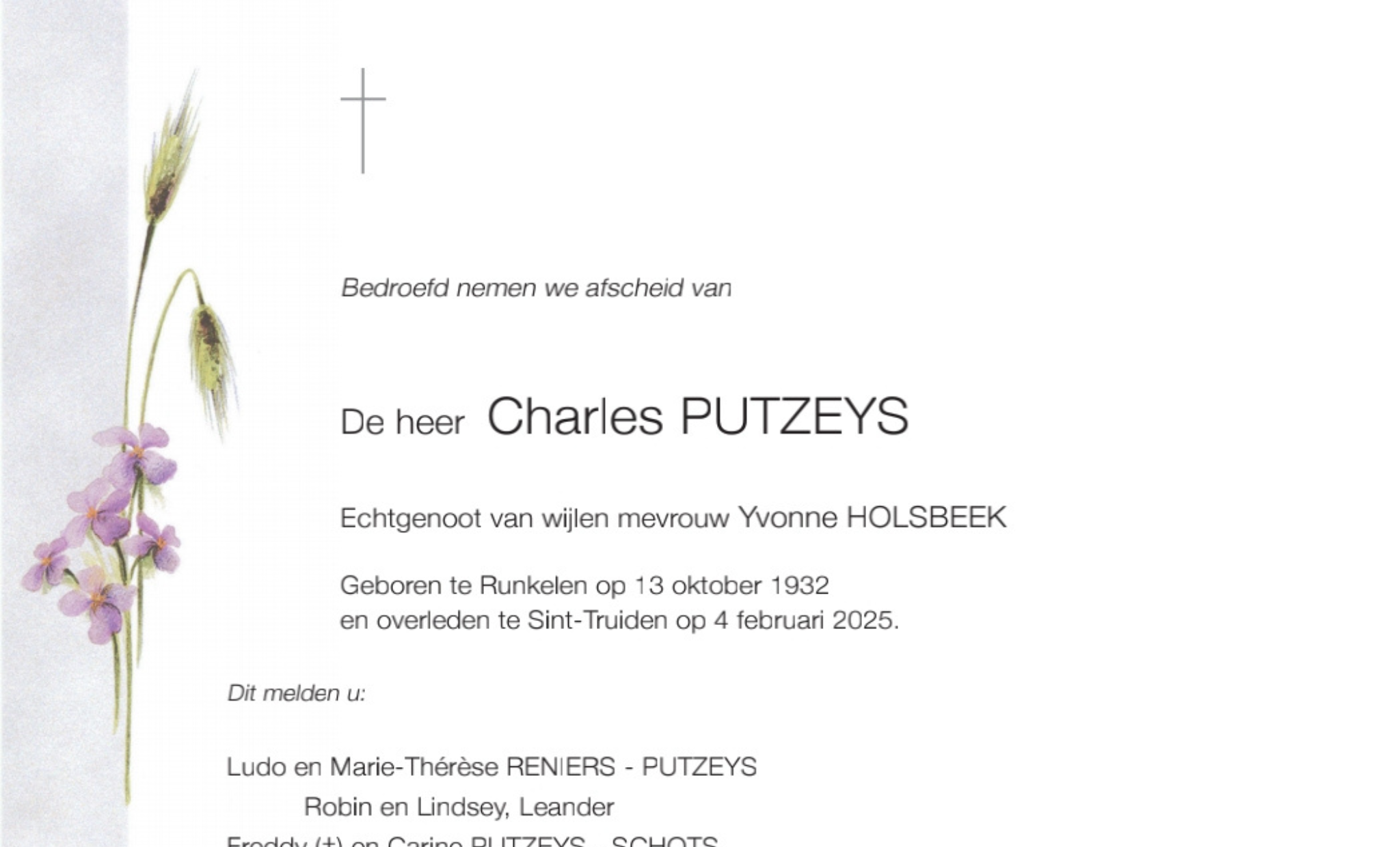 Overlijdensbericht van De heer Charles PUTZEYS