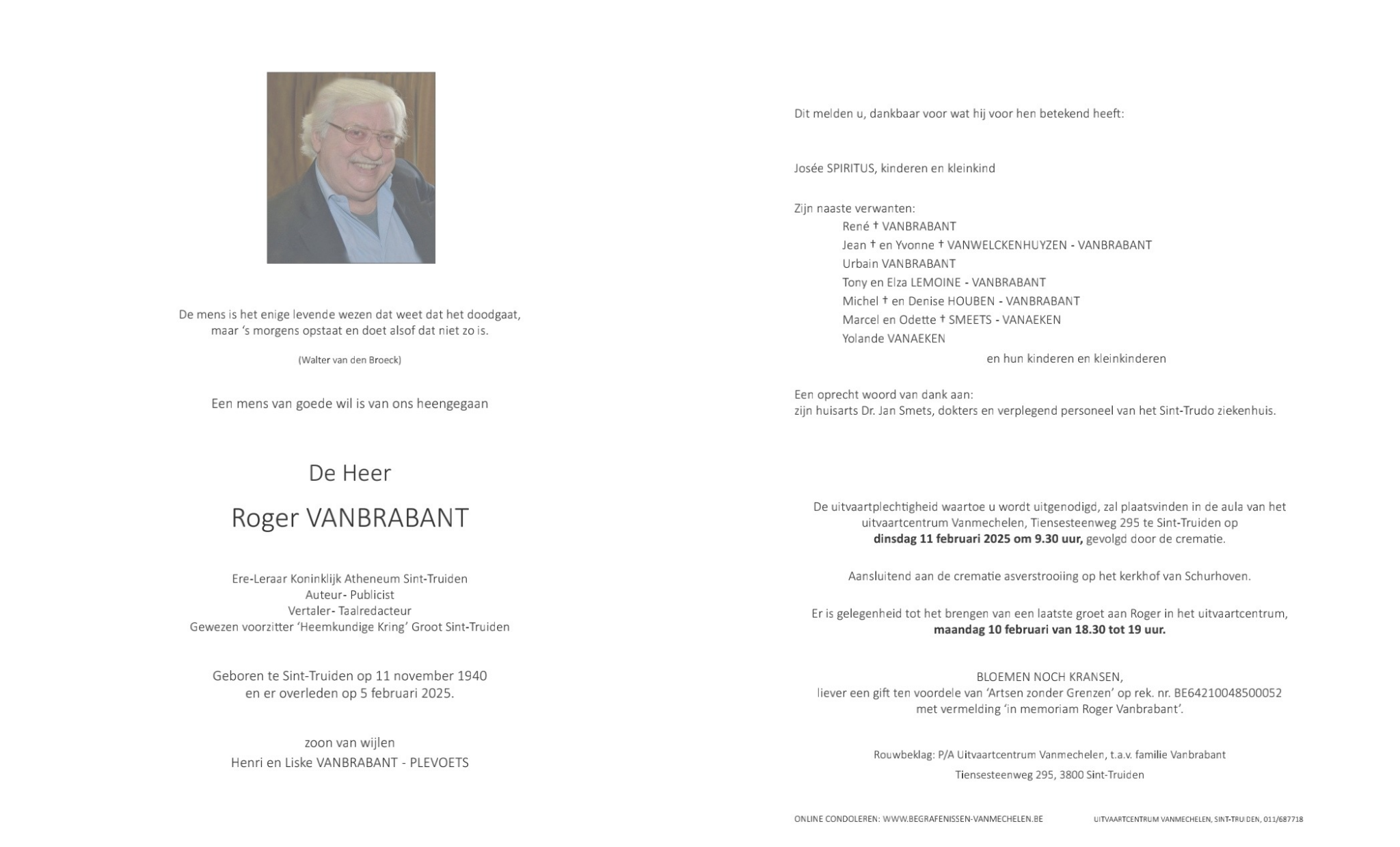 Overlijdensbericht van de Heer Roger VANBRABANT