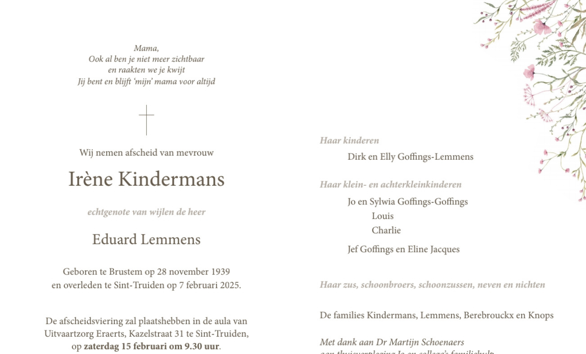 Overlijdensbericht van Irène Kindermans