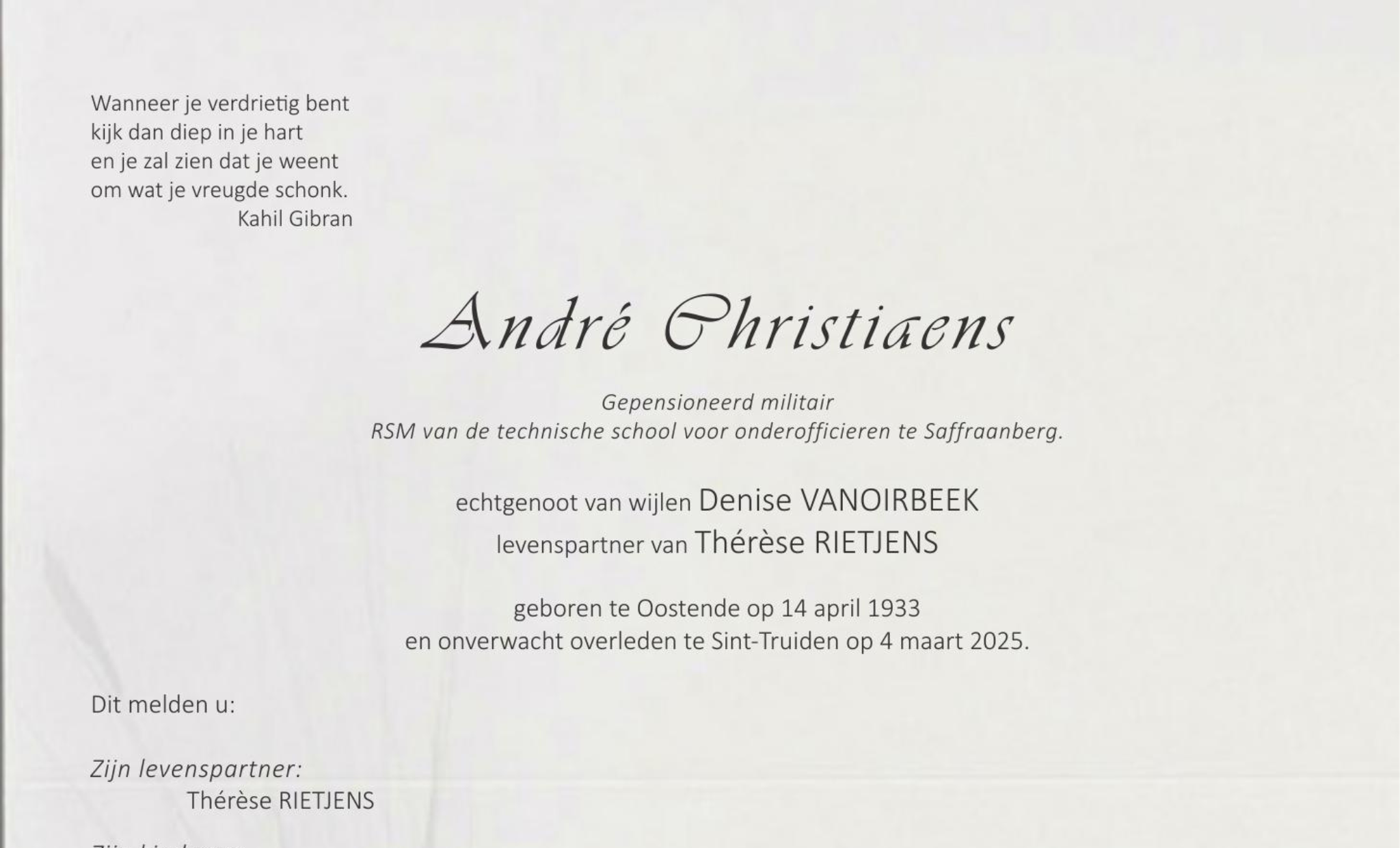 Overlijdensbericht van André Christiaens