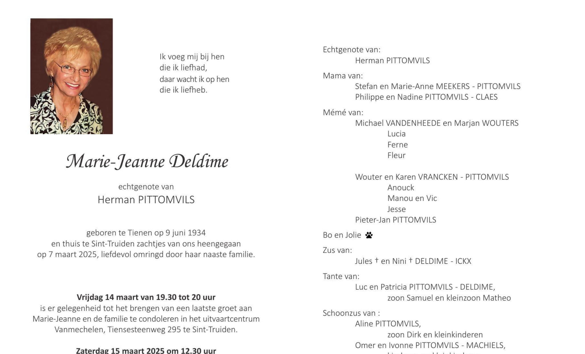 Overlijdensbericht van Marie-Jeanne Deldime