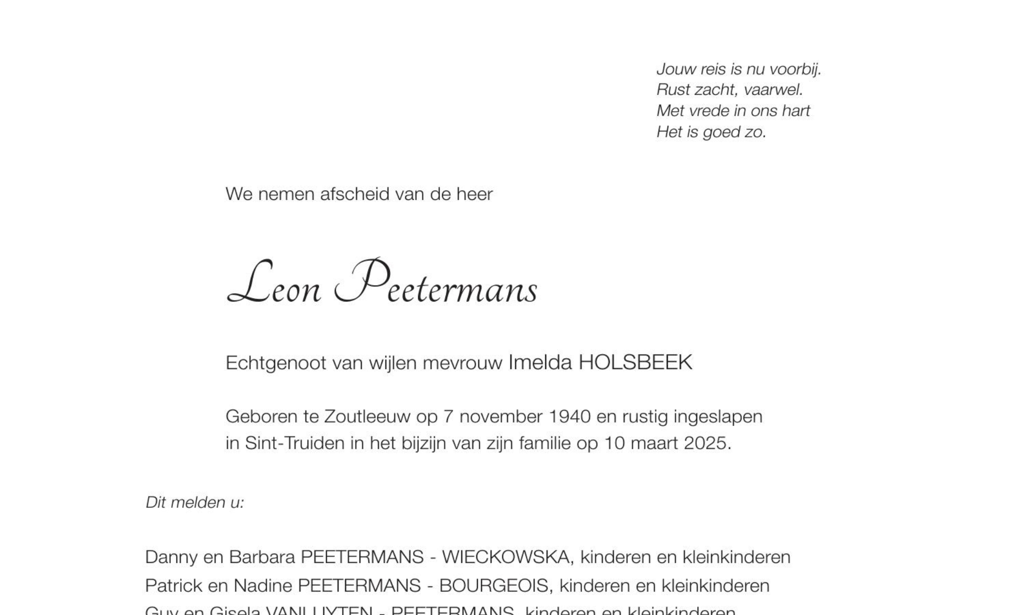 Overlijdensbericht van Leon Peetermans