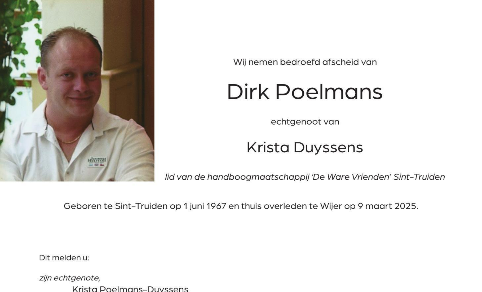 Overlijdensbericht van Dirk Poelmans